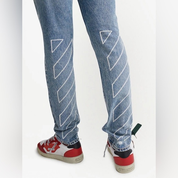 Off-White Diagonal Stripe Distressed Jeans - Picture 9 of 15
